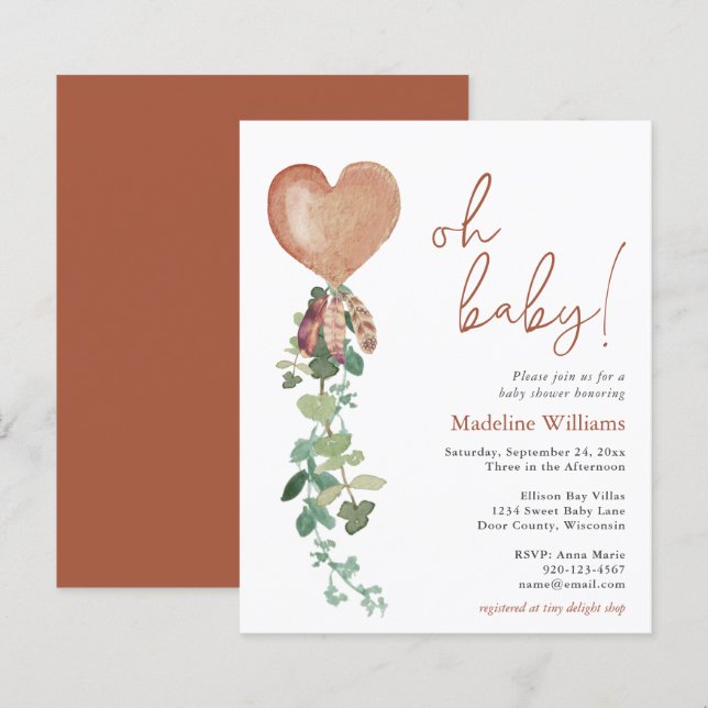 BUDGET Boho Balloon Greenery Baby Shower Invite (Front/Back)