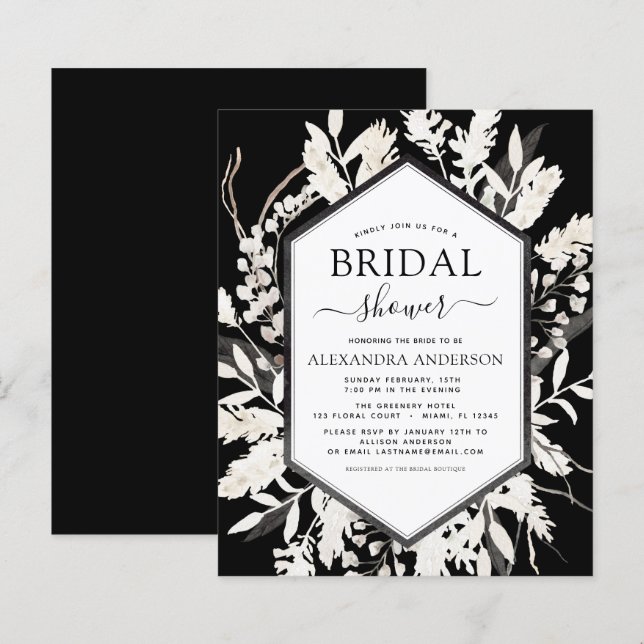 Budget Boho Beige Black Botanical Bridal Shower (Front/Back)