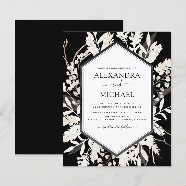 Budget Boho Black Botanical Wedding Invitation (Front/Back)