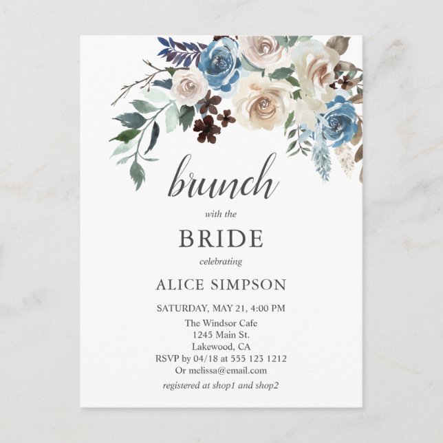 Budget Boho Blue Beige Flower Brunch Bridal Shower Invitation Postcard (Front)
