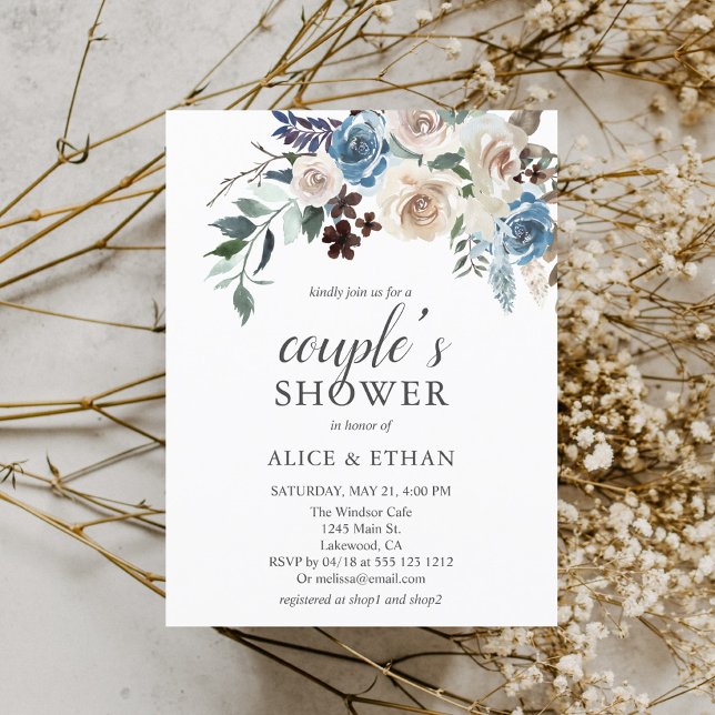 Budget Boho Blue Neutral Flower Couples Shower Invitation Postcard (Creator Uploaded)