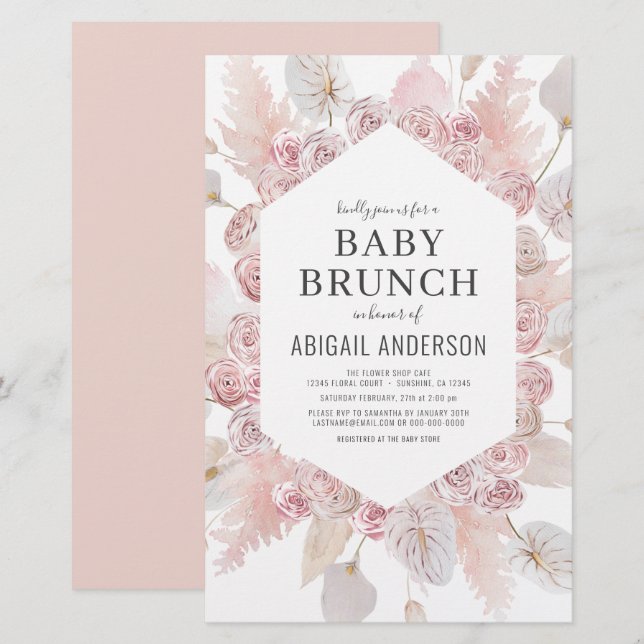 Budget Boho Blush Pink Baby Brunch Invitation (Front/Back)
