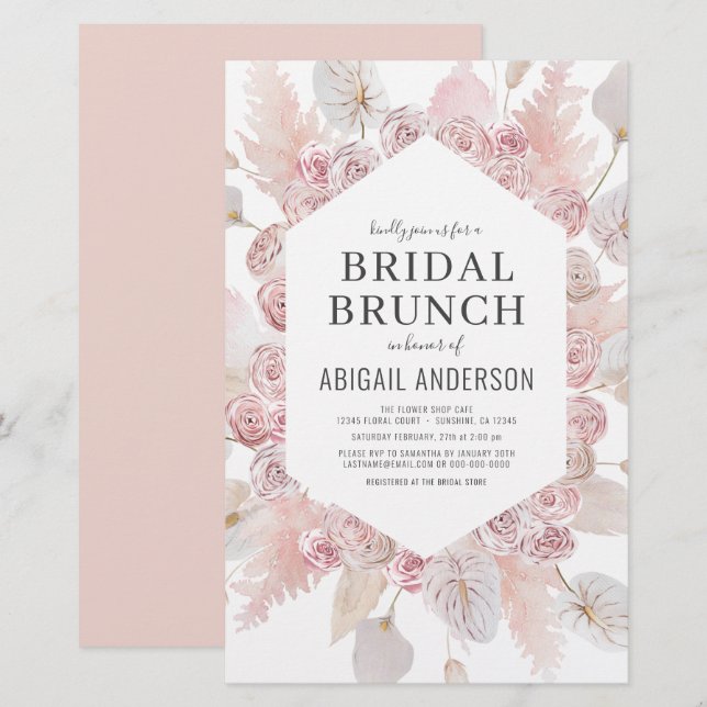 Budget Boho Blush Pink Bridal Brunch Invitation (Front/Back)