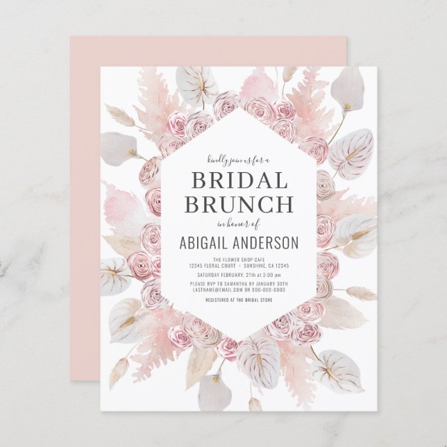 Budget Boho Blush Pink Bridal Brunch Invitation (Front/Back)