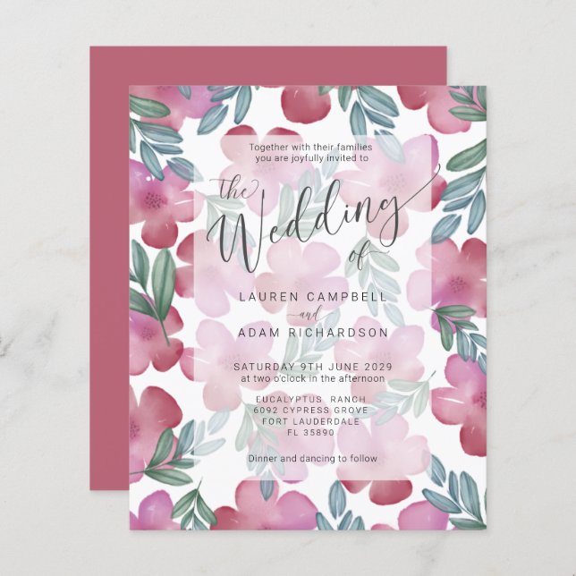 Budget Boho Blush Pink Floral Wedding Invitation (Front/Back)