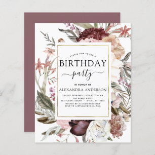 Budget Boho Burgundy Any Age Birthday Invitation