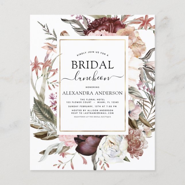 Budget Boho Burgundy Bridal Shower Luncheon  Flyer (Front)