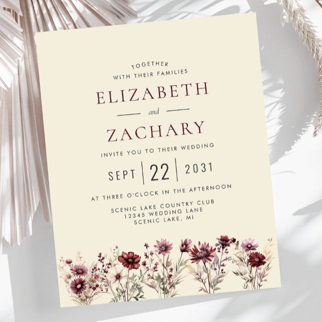 Budget Boho Burgundy Floral Ivory Wedding Invite (Creator Uploaded)