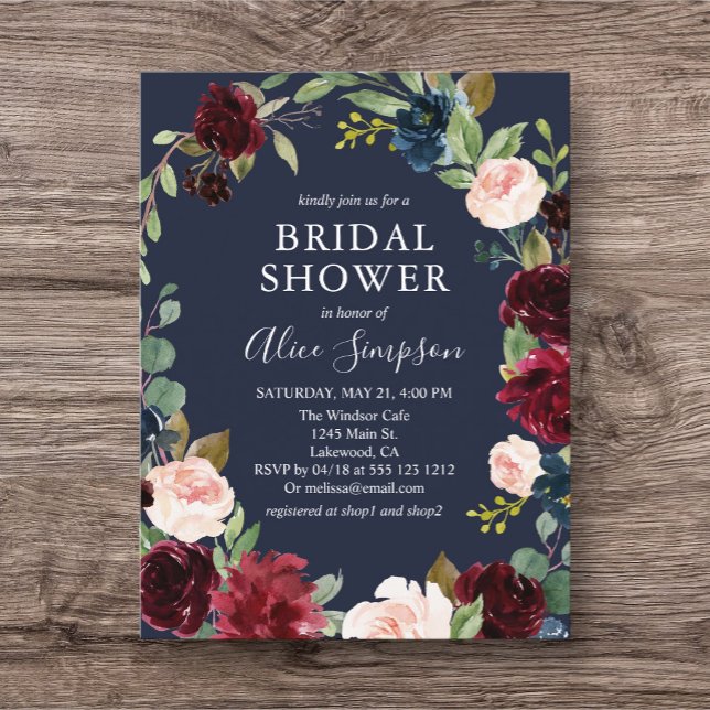 Budget Boho Burgundy Navy Blue Bridal Shower Invitation Postcard (Creator Uploaded)