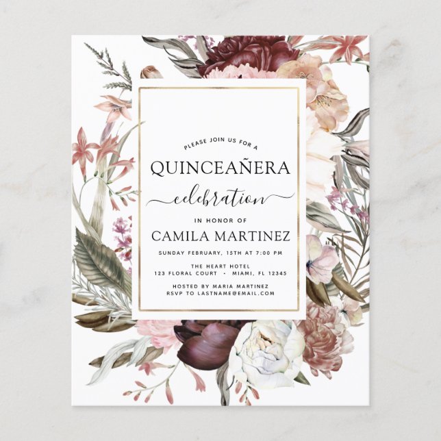 Budget Boho Burgundy Quinceañera Invitation Flyer (Front)