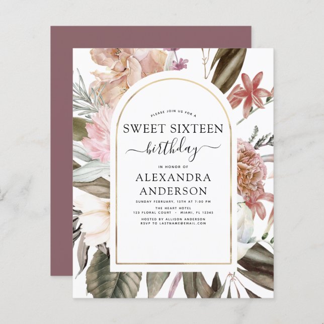 Budget Boho Burgundy Sweet 16 Birthday Invitation (Front/Back)