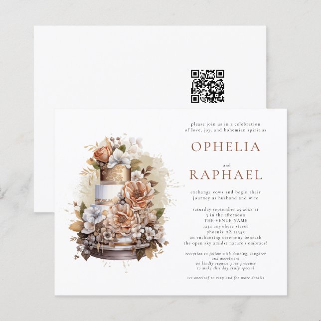 Budget Boho Cake Florals Bohemian Wedding Invite (Front/Back)