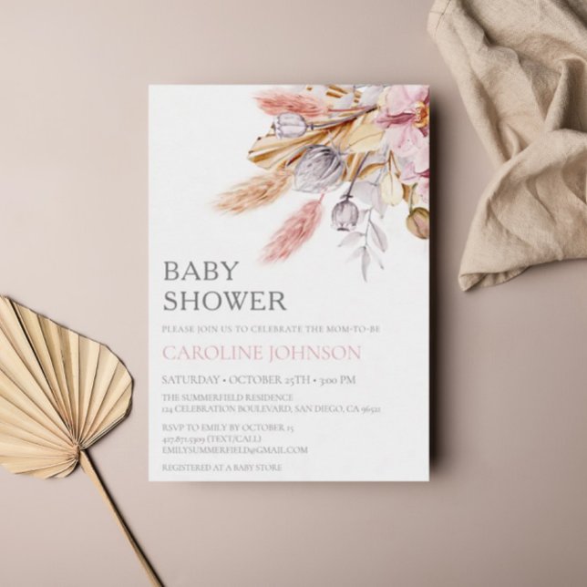 Budget Boho Chic Floral Pampas Grass Baby Shower Invitation (Creator Uploaded)