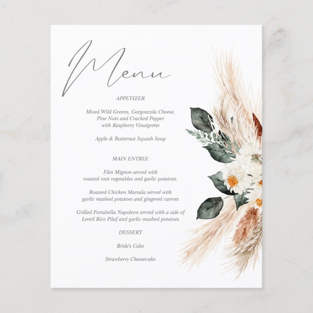 Budget Boho Copper &  Beige Floral Menu Flyer (Front)