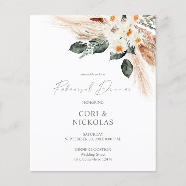 Budget Boho Copper & Floral Rehearsal Dinner Flyer (Front)