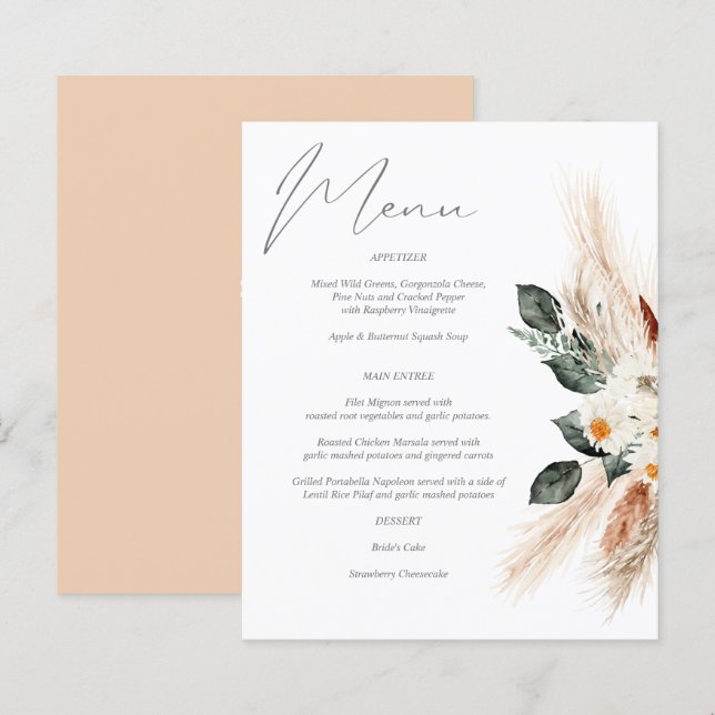 Budget Boho Copper Pampas & Beige Floral Menu (Front/Back)