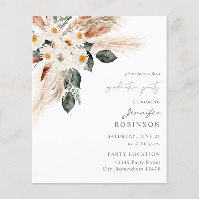 Budget Boho Copper Pampas Floral Graduation Party Flyer (Front)