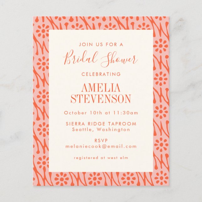 Budget Boho Coral Botanical Bridal Shower Invite (Front)