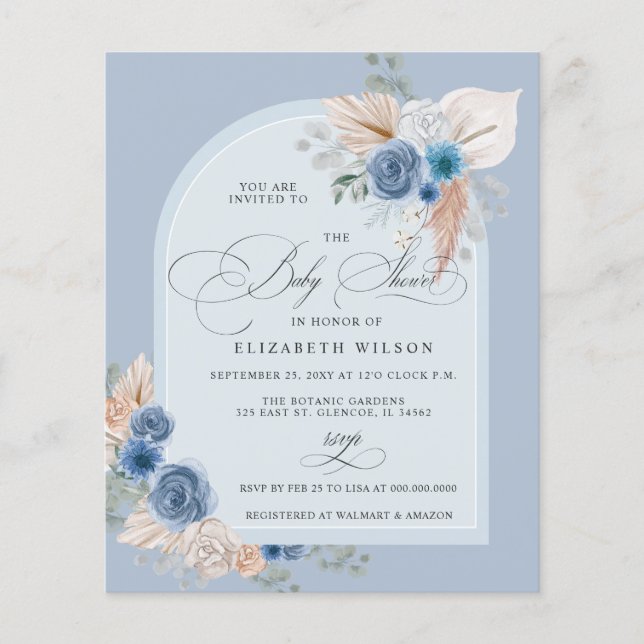 Budget Boho Dusty Blue Pampas Baby Shower Invite (Front)