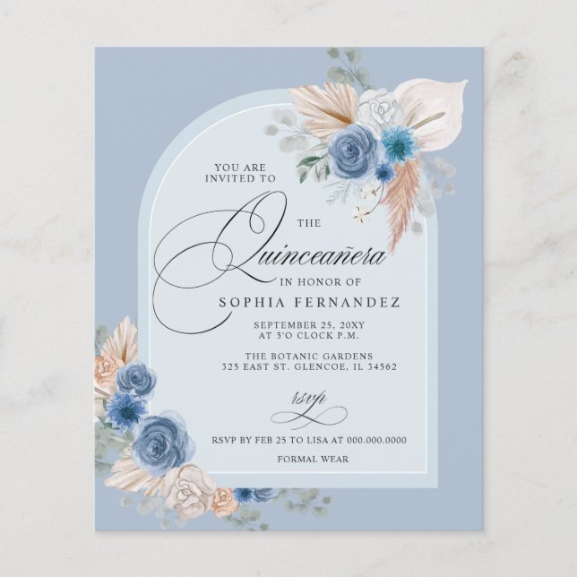 Budget Boho Dusty Blue Pampas Quinceanera Invite (Front)