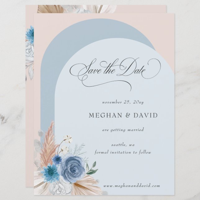 Budget Boho Dusty Blue Pampas Save the Date (Front/Back)