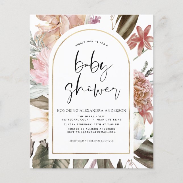 Budget Boho Dusty Pink Burgundy Baby Shower Flyer (Front)