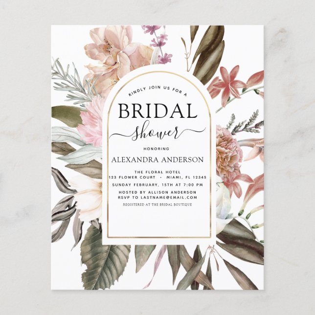 Budget Boho Dusty Pink Burgundy Bridal Shower Flyer (Front)
