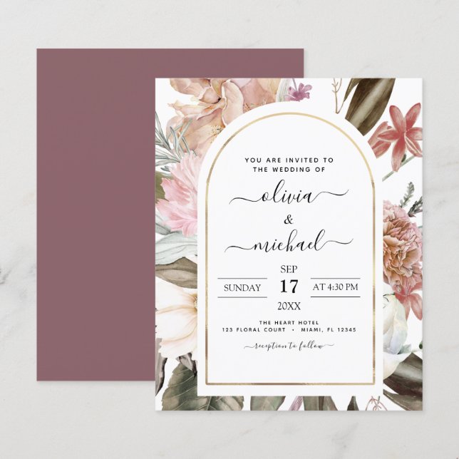 Budget Boho Dusty Pink Burgundy Wedding Invitation (Front/Back)