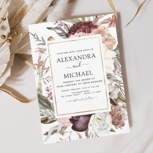 Budget Boho Dusty Pink Burgundy Wedding Invitation