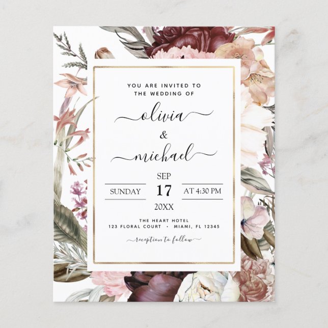 Budget Boho Dusty Pink Burgundy Wedding Invitation Flyer (Front)