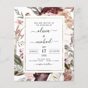 Budget Boho Dusty Pink Burgundy Wedding Invitation Flyer