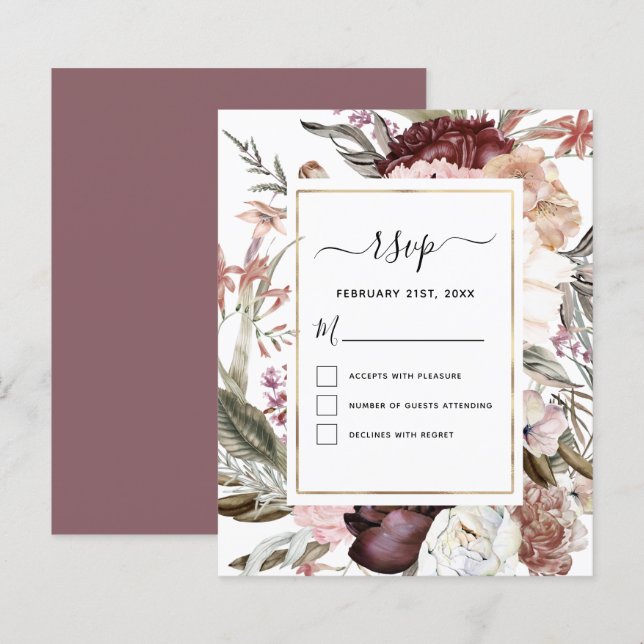 Budget Boho Dusty Pink Burgundy Wedding RSVP (Front/Back)