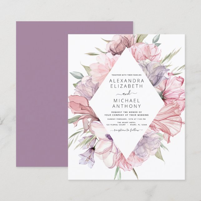 Budget Boho Dusty Pink Purple Wedding Invitation (Front/Back)