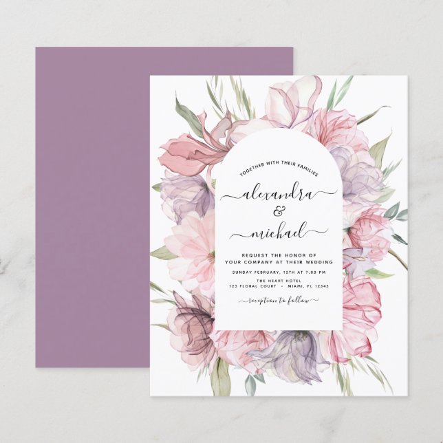 Budget Boho Dusty Pink Purple Wedding Invitation (Front/Back)