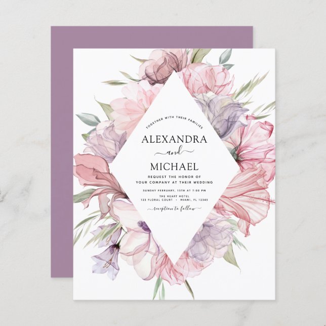 Budget Boho Dusty Pink Purple Wedding Invitation (Front/Back)