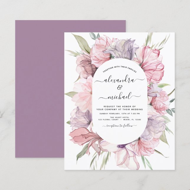 Budget Boho Dusty Pink Purple Wedding Invitation (Front/Back)