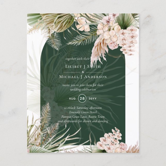 BUDGET BOHO Emerald Green Pampas Grass Wedding Flyer (Front)