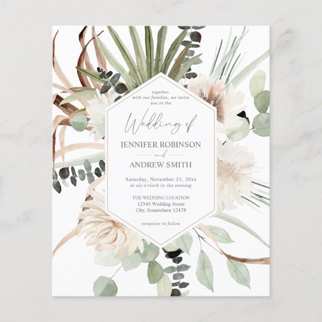 Budget Boho Eucalyptus Palm Leaf & Floral Wedding Flyer (Front)
