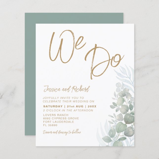 Budget Boho Eucalyputus Green Wedding Invitation  (Front/Back)
