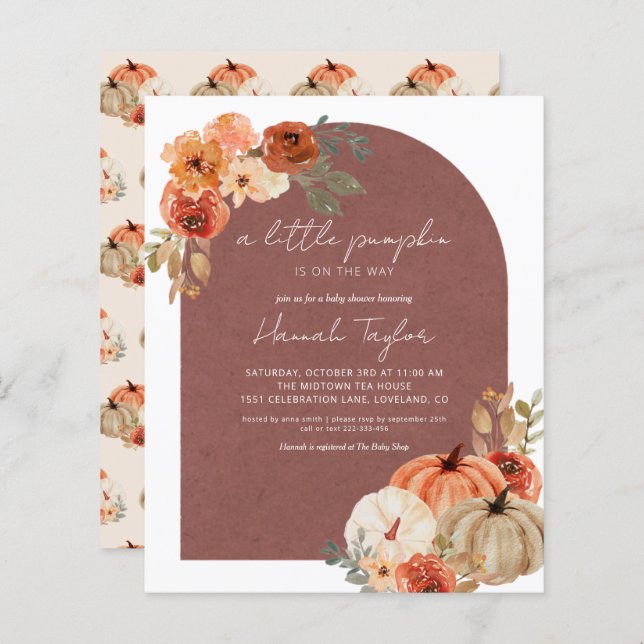 Budget Boho Fall Baby Shower Little Pumpkin Invite (Front/Back)