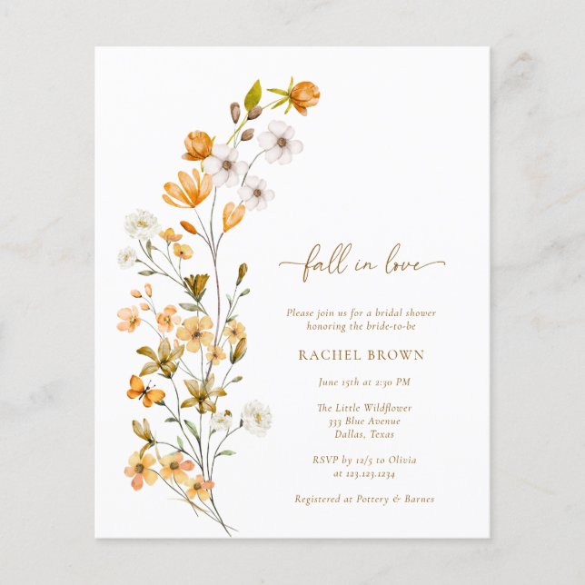 BUDGET Boho Fall In Love Wildflower Bridal Shower Flyer (Front)