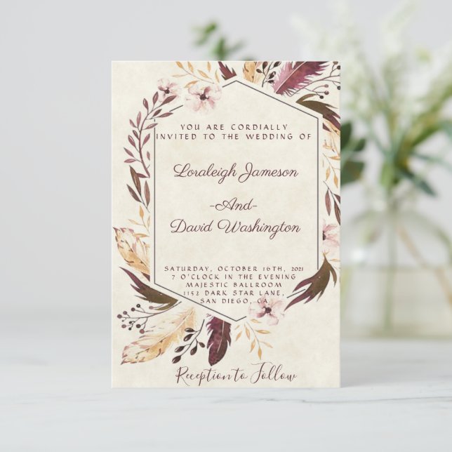 Budget Boho feathers wedding invitation (Standing Front)