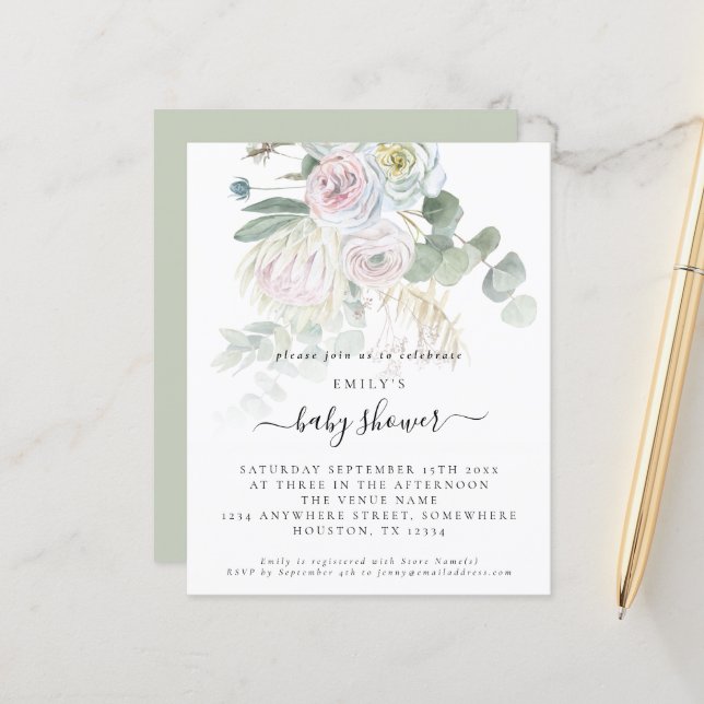 Budget Boho Floral Eucalyptus Baby Shower Invite (Front/Back In Situ)