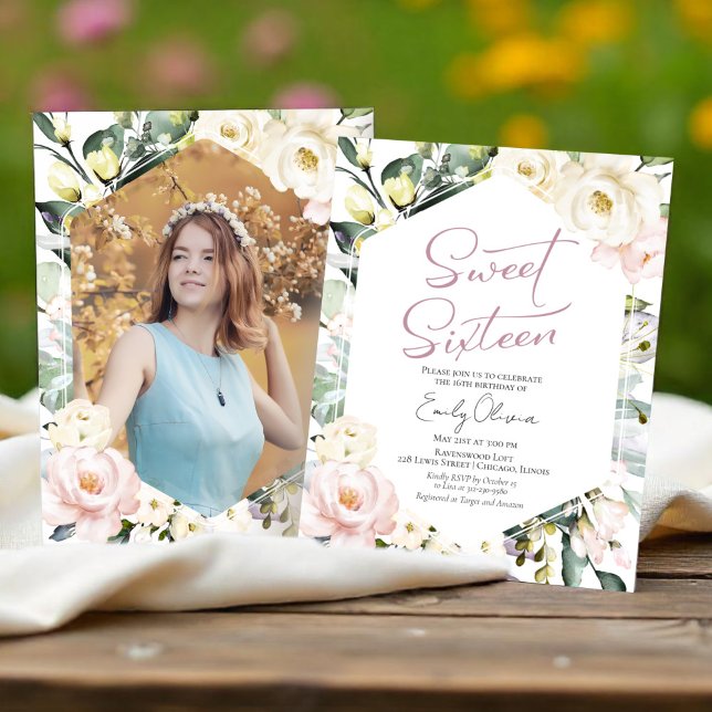 Budget Boho Floral Photo Sweet 16 Invitation (Creator Uploaded)