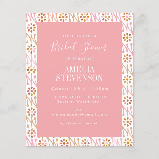 Budget Boho Floral Rose Pink Bridal Shower Invite (Front)