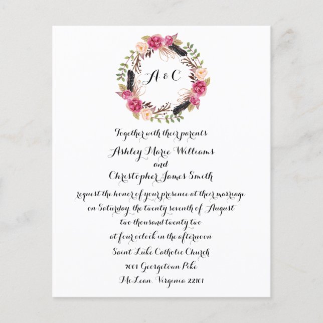 Budget Boho Floral Wedding Invitation Greenery (Front)