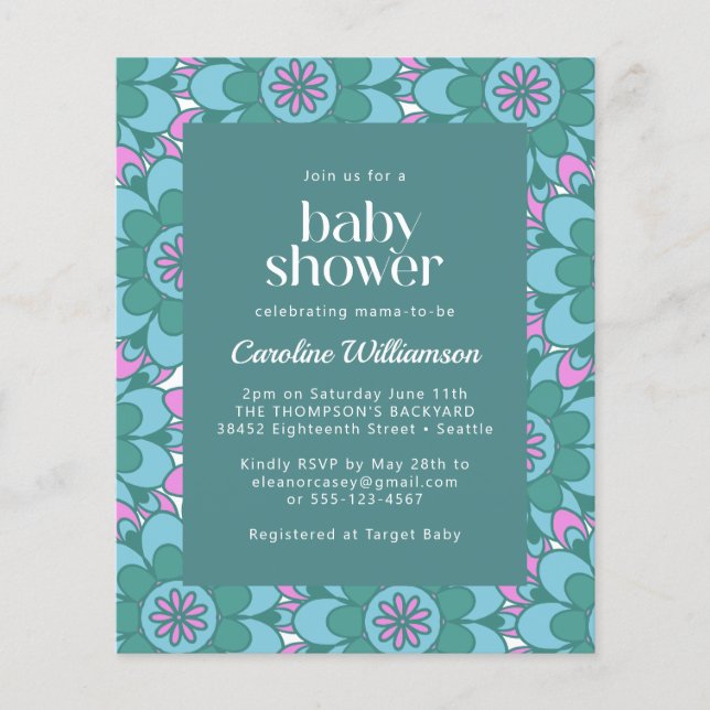 Budget Boho Flower Groovy Green Baby Shower Invite (Front)