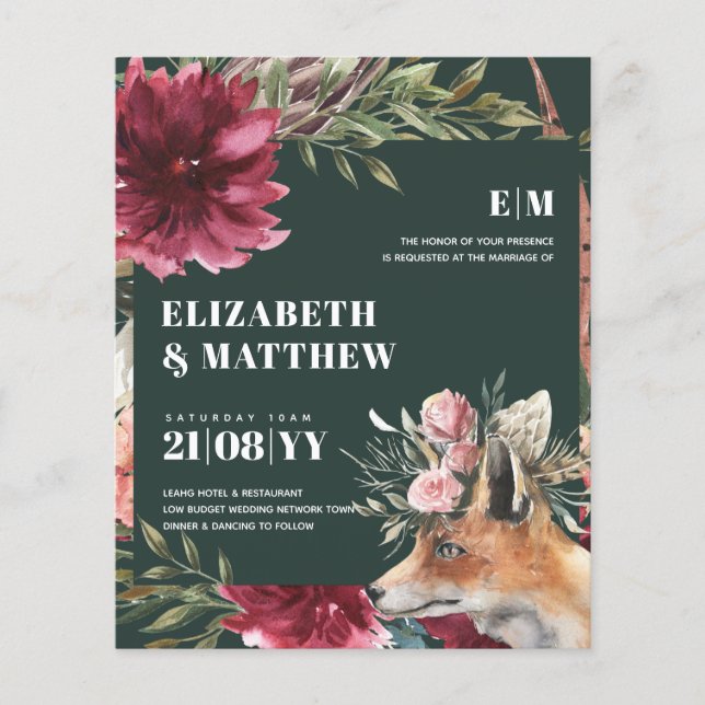 Budget Boho FOX Burgundy Floral All-in-1 Wedding  Flyer (Front)