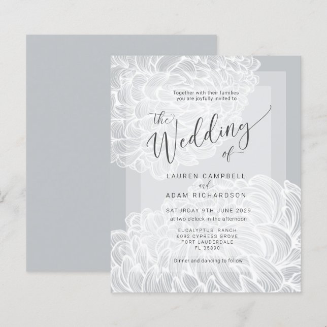 Budget Boho Grey & White Floral Wedding Invitation (Front/Back)