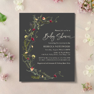 Budget Boho Grey Wildflower Baby Shower Invitation